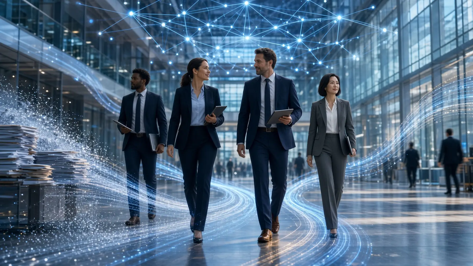 Business team walking through a digitally connected office