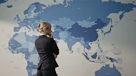 Businesswoman studying a large map of Asia