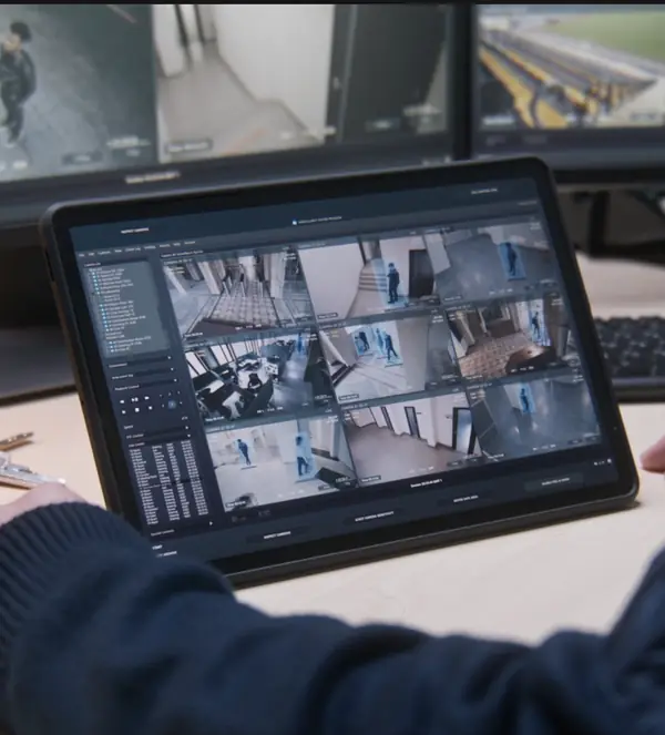 Tablet showing IP video surveillance camera feeds